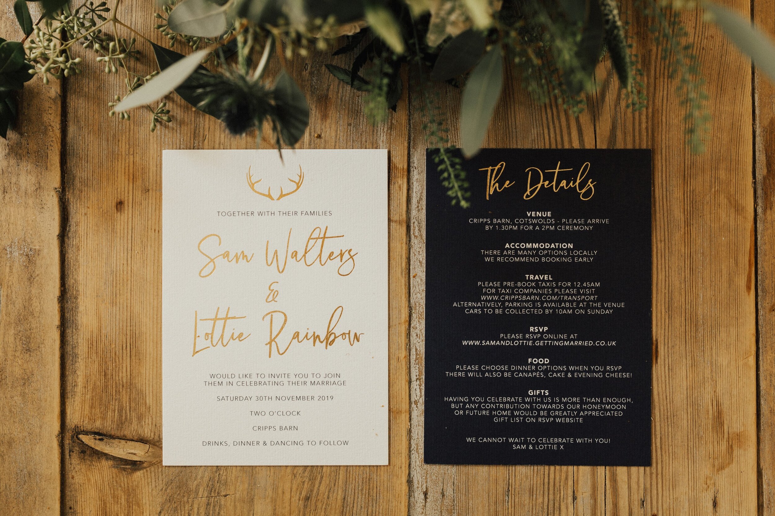 Gold Foiled Antlers and Names, White and Navy Invitation Suite, Retro Press. (Copy)