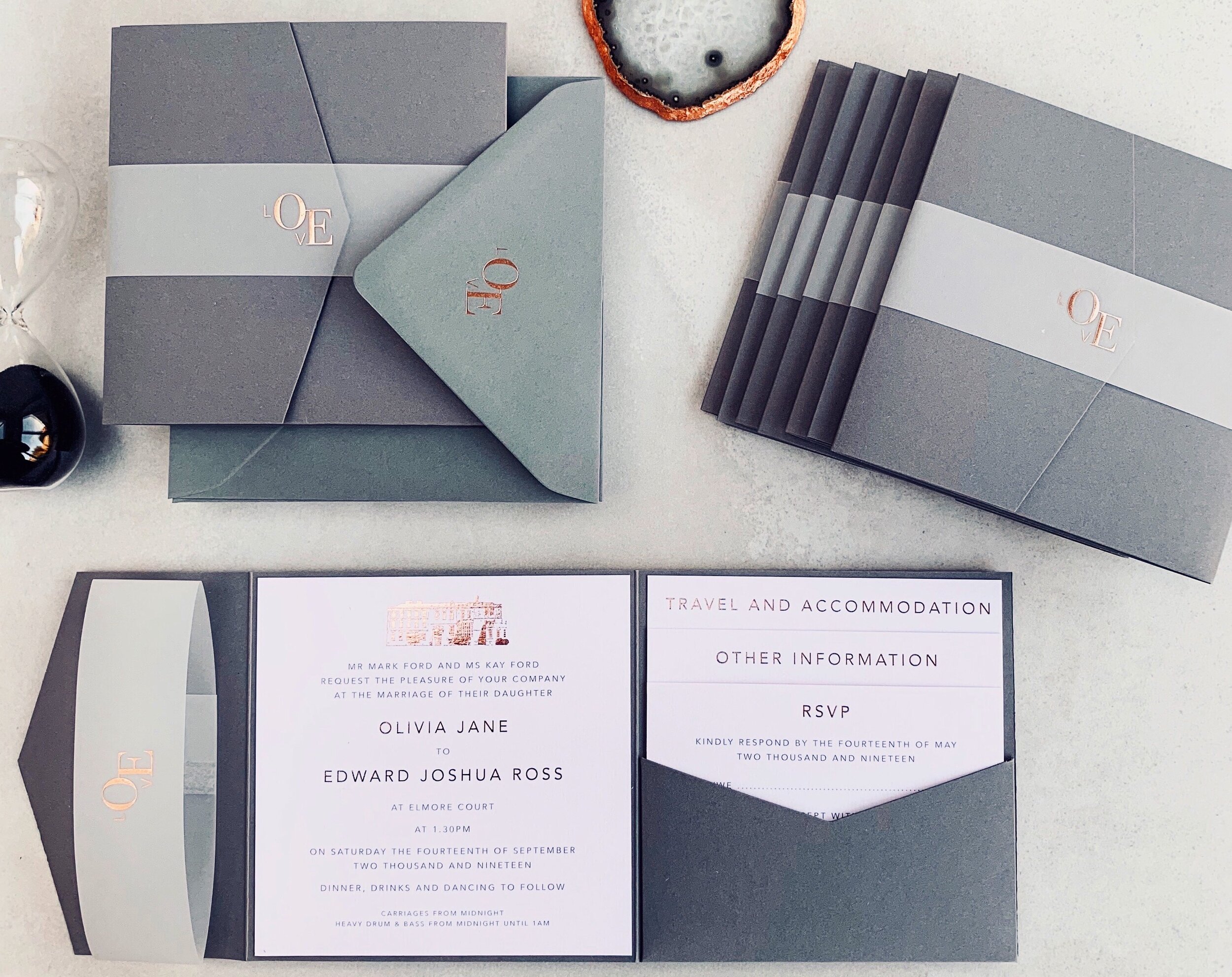 Retro Press Rose Gold foiled Grey and blush Pocketfold Wedding Invitations